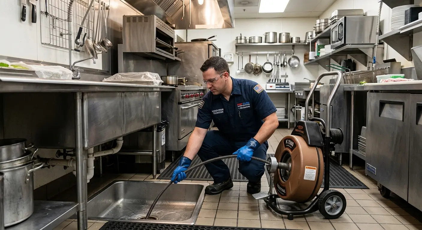 Commercial drain cleaning service in a restaurant kitchen in New Providence