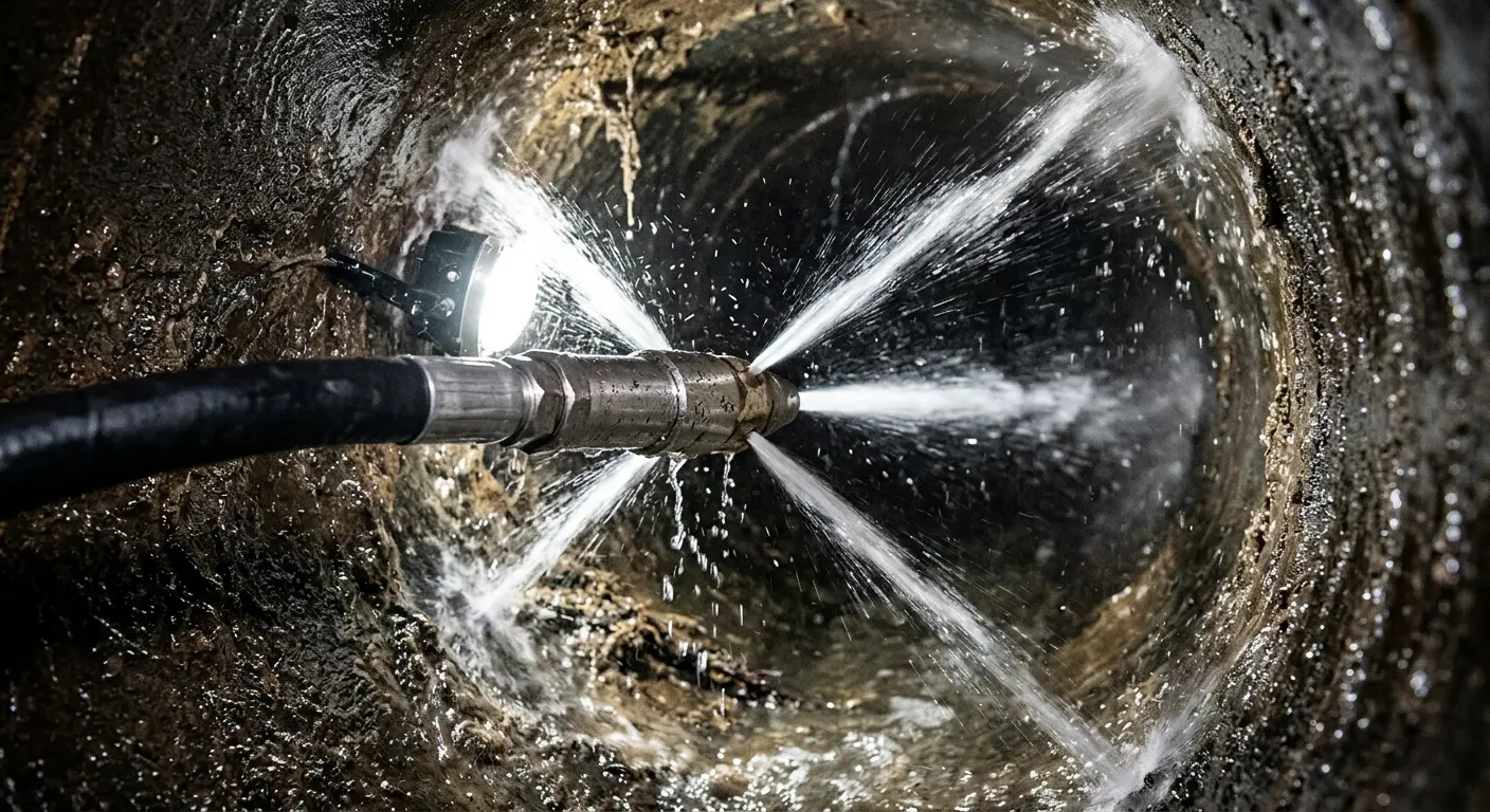 High-pressure hydro jetting nozzle cleaning sewer pipe for Trenchless Sewer Repair in New Providence