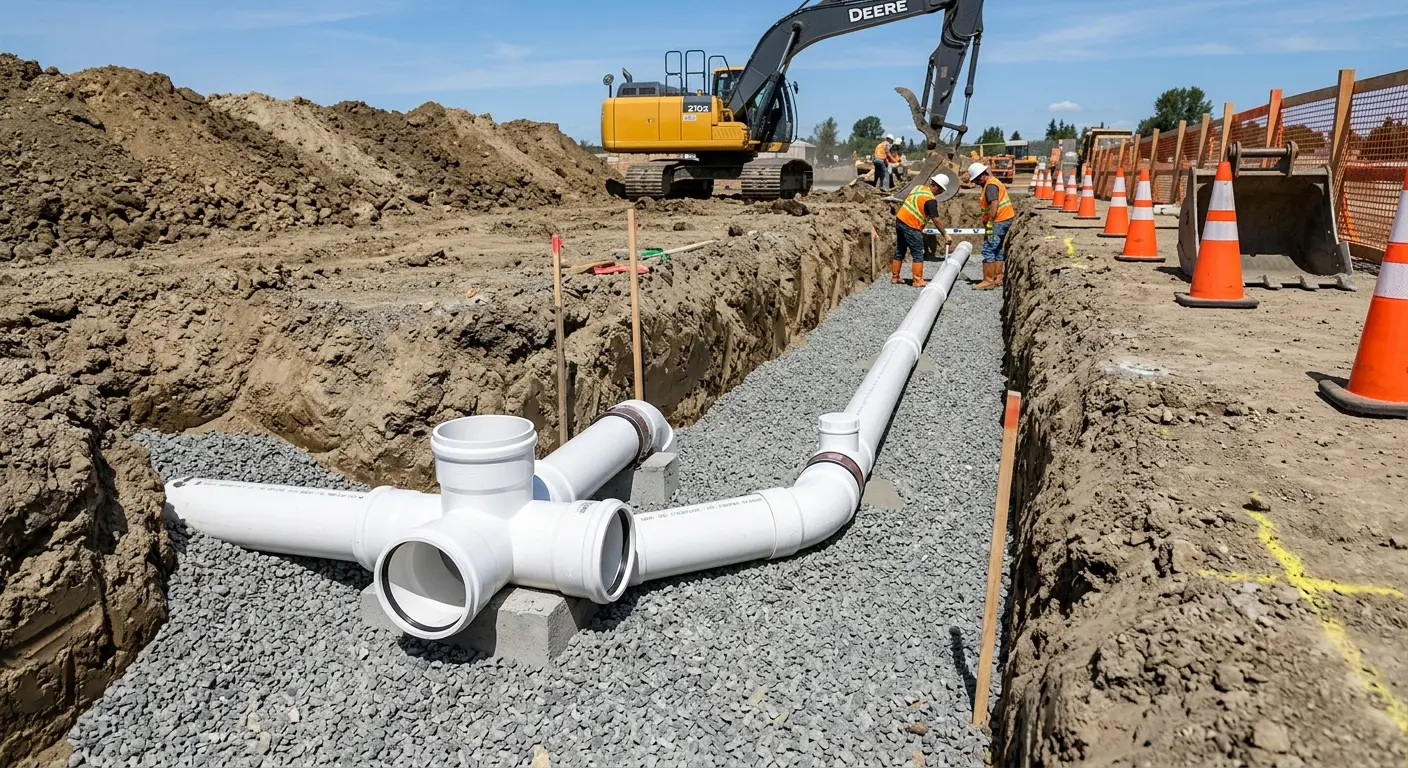 New PVC sewer pipe installation in open trench for Sewer Backup in New Providence