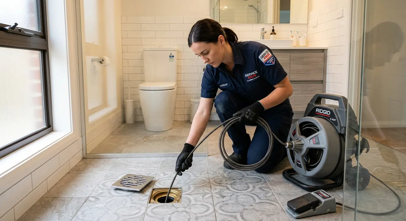 Technician clearing a bathroom floor drain for Drain Repair in New Providence